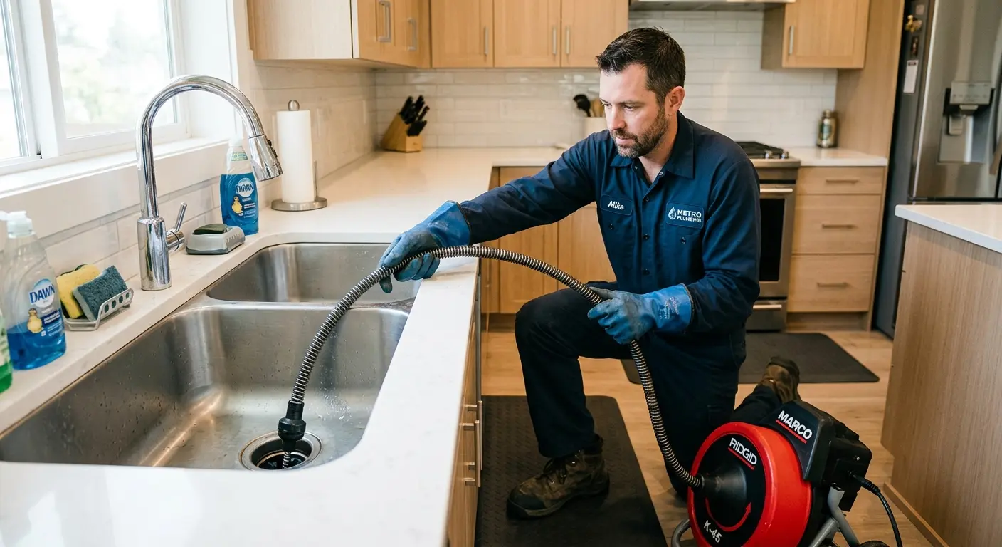 Drain cleaning technician using a motorized snake on a kitchen sink in Glenwood