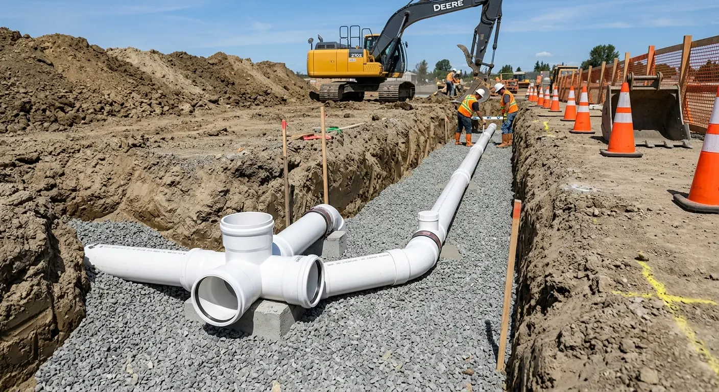 New PVC sewer pipe installation in open trench for Commercial Drain Cleaning in Glenwood