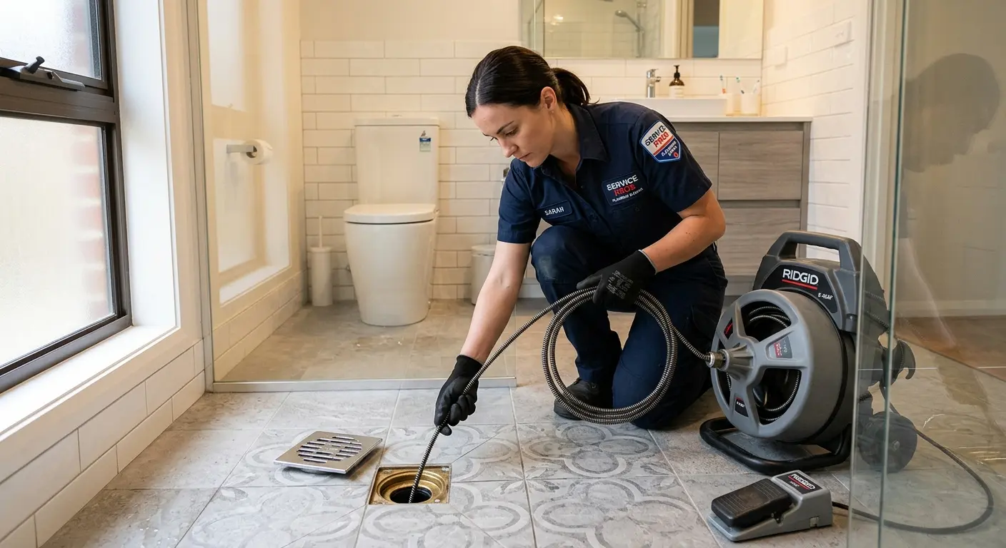 Technician clearing a bathroom floor drain for Drain Cleaning in Glenwood